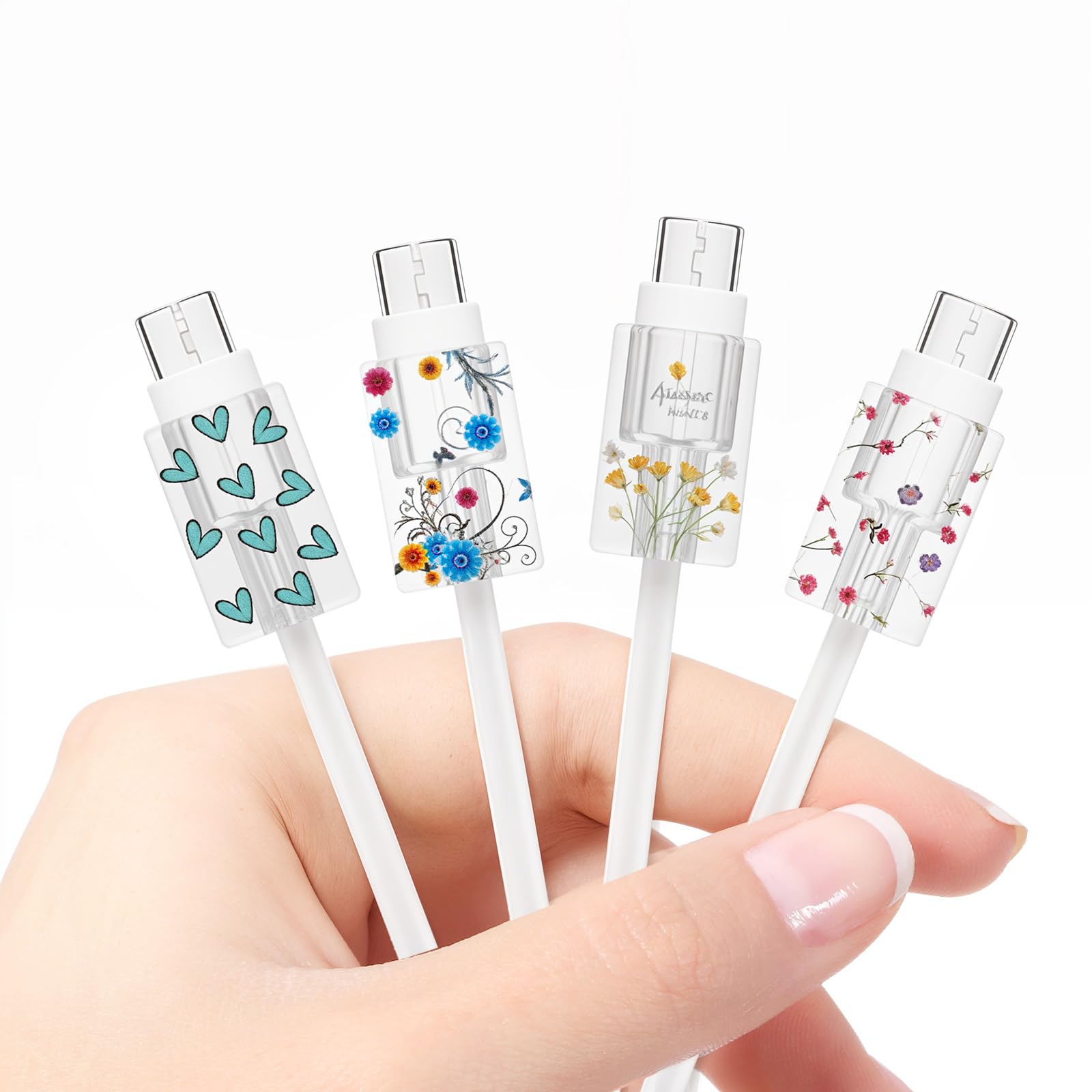 4 Protectores de Cargador Tipo-C con Flores Transparentes